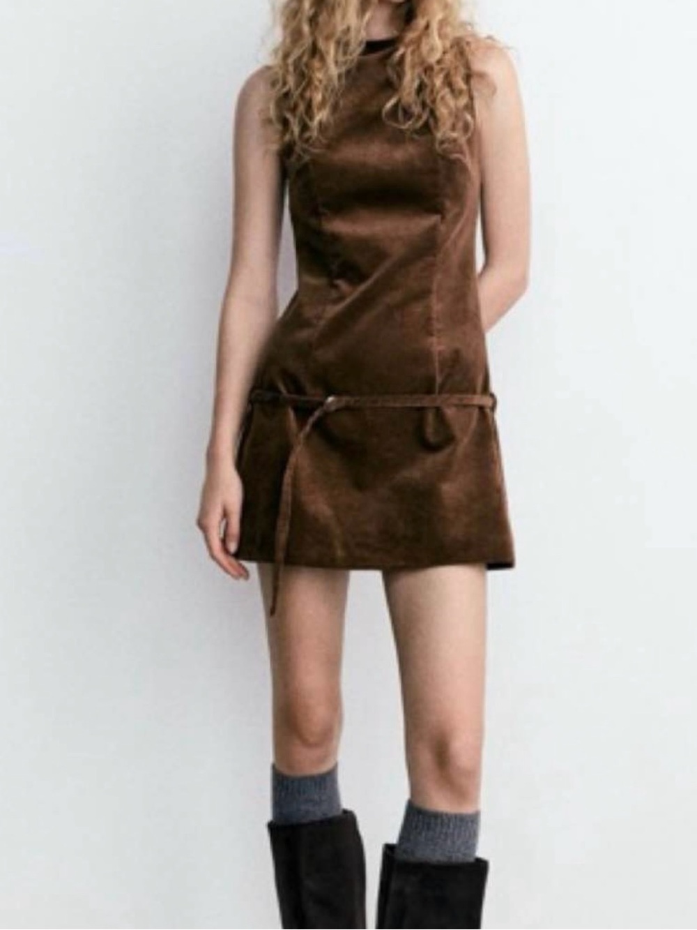 ZARA Brown Belted Corduroy Dress